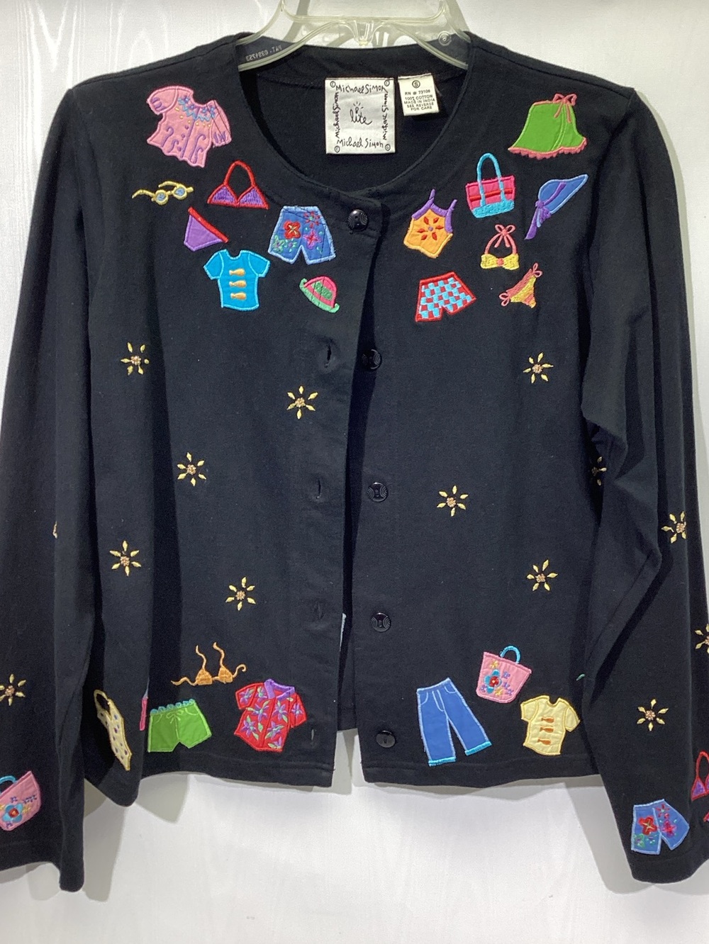 MIchael Simon Lite Embroidered Cardigan Beach Theme Small Whimsical Cotton
